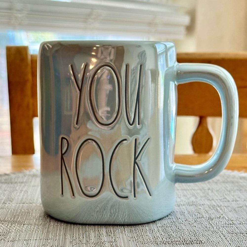 Rae Dunn YOU ROCK Light Blue Iridescent Luster Ceramic Mug BRAND NEW!!